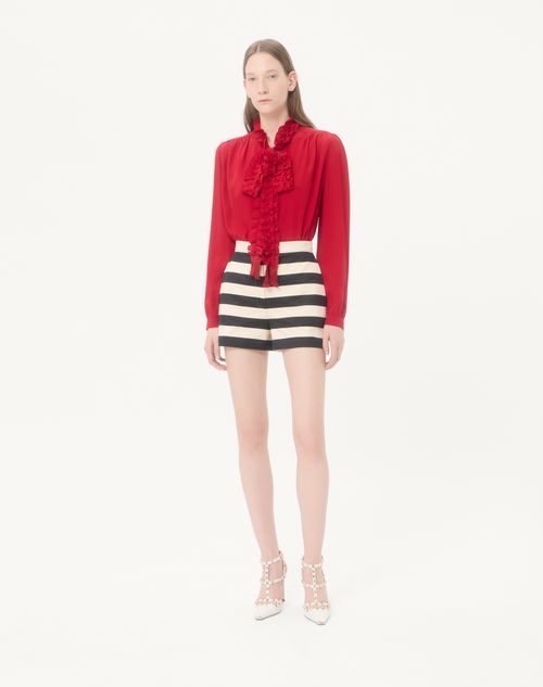 Valentino - Cotton Satin Shorts With Maxi Barré Stripe - Black/vanilla - Woman - Trousers And Shorts